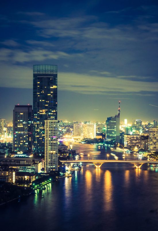 Beautiful architecture in bangkok city skyline at night in Thailand - Filter effect